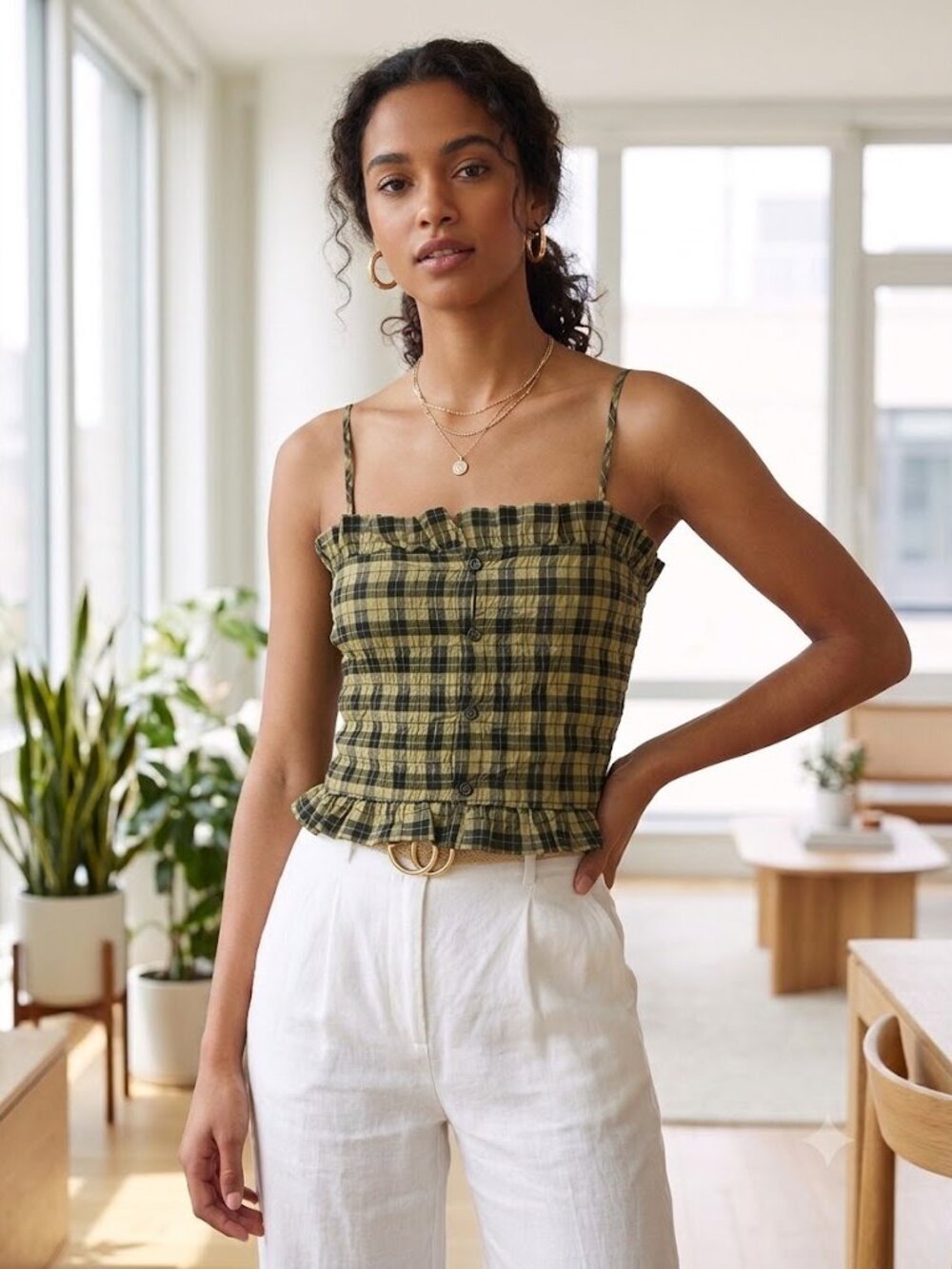 Ganni Yellow and Black Plaid Cropped Tie-Strap Top